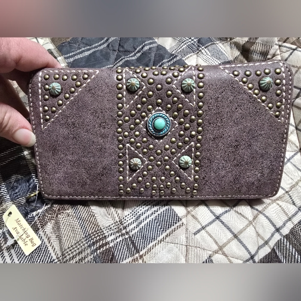 Studded Gray Wallet with Turquoise Accents
